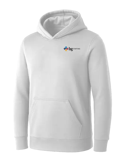 Womens White Core Fleece Pullover Hooded Sweatshirt w/BG Staffing Logo
