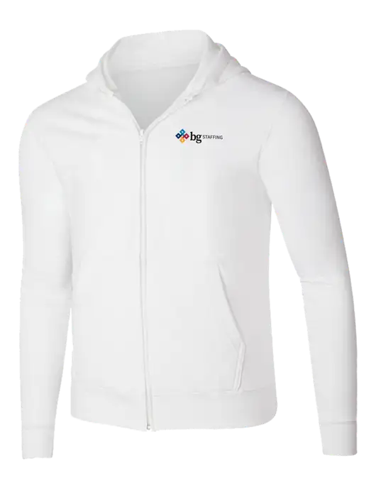 White 8.5 oz Ring Spun Zip Hooded Sweatshirt w/BG Staffing Logo