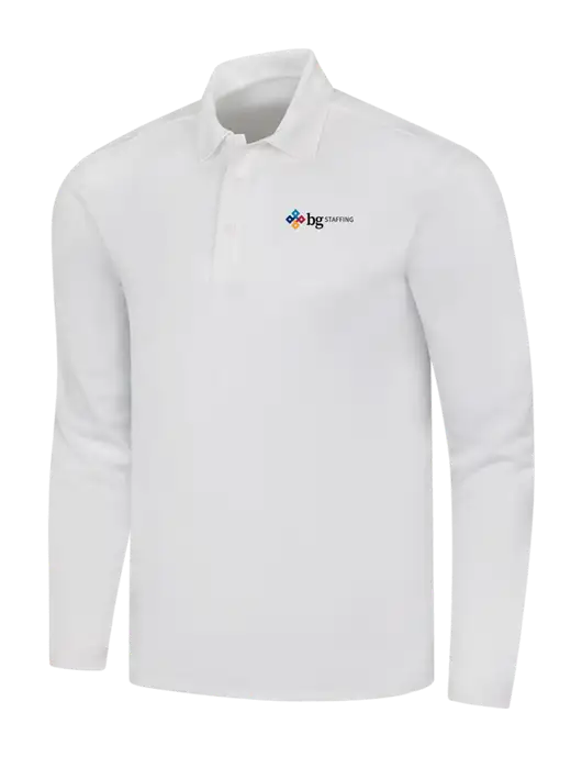 White Silk Touch Performance Long Sleeve Polo w/BG Staffing Logo