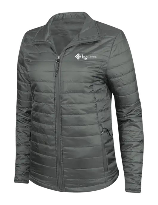 Dark Grey Womens Puffy Packable Jacket w/BG Staffing Logo