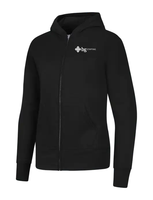 Jet Black Womens Core Fleece Full-Zip Hooded Sweatshirt w/BG Staffing Logo