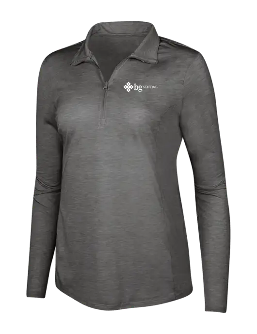 Dark Grey Heather Womens Posicharge Tri-Blend Wicking 1/4 Zip Pullover w/BG Staffing Logo
