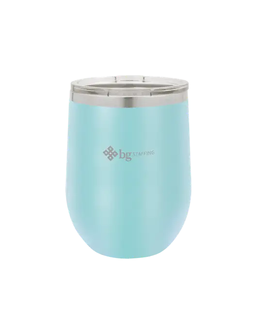 Polar Camel 12 oz Powder Coated Light Blue Vacuum Insulated Stemless Wine Tumbler w/BG Staffing Logo