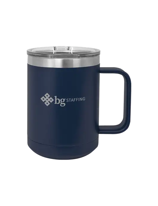Polar Camel 15 oz Powder Coated Navy Vacuum Insulated Mug with Slider Lid w/BG Staffing Logo