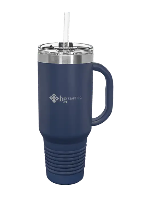 Polar Camel 40 oz. Powder Coated Vacuum Insulated Navy Travel Mug with Straw w/BG Staffing Logo