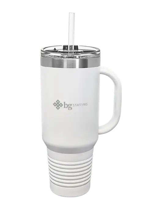 Polar Camel 40 oz. Powder Coated Vacuum Insulated White Travel Mug with Straw w/BG Staffing Logo