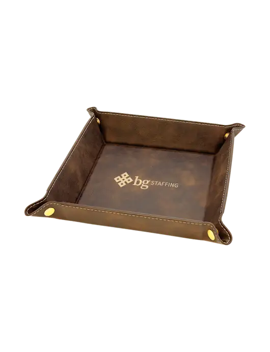 Rustic Leatherette Valet Tray, 6 x 6 w/BG Staffing Logo