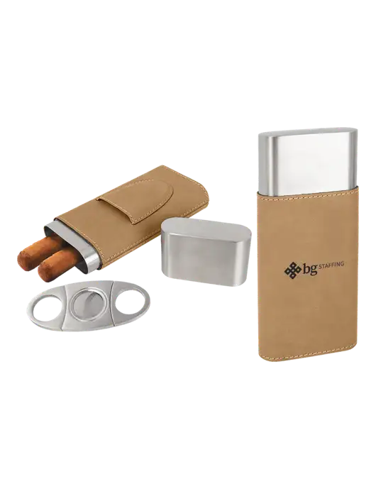 Tan Leatherette Cigar Case with Cutter w/BG Staffing Logo