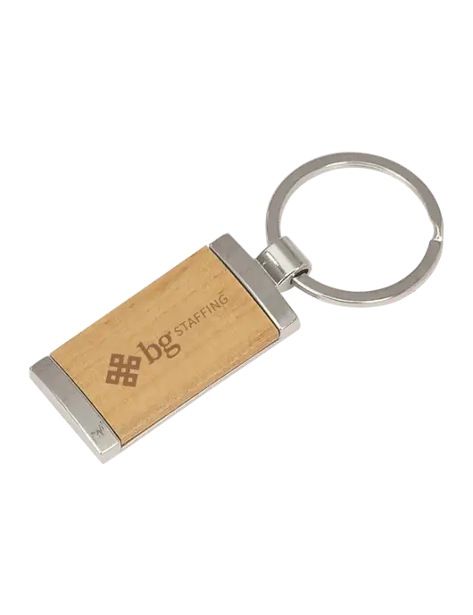 Wood & Silver Rectangle Keychain w/BG Staffing Logo