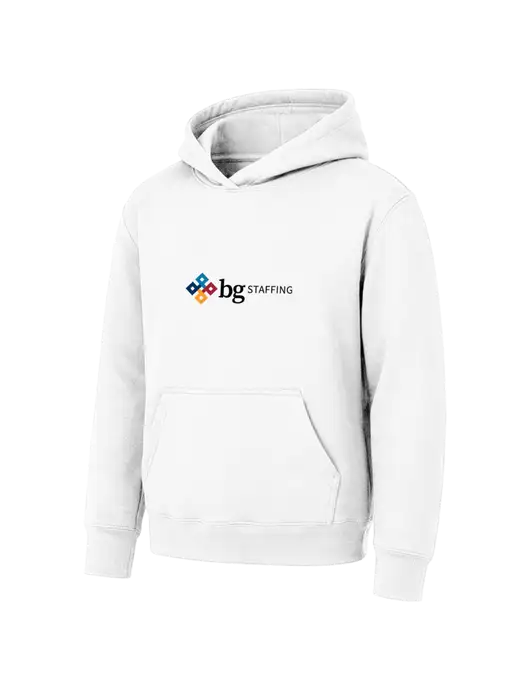 Youth White 7.8 oz Pullover Hooded Sweatshirt w/BG Staffing Logo