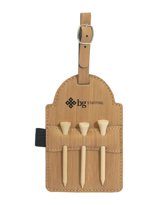 Bamboo Leatherette Golf Bag Tag with 3 Wooden Tees w/BG Staffing Logo