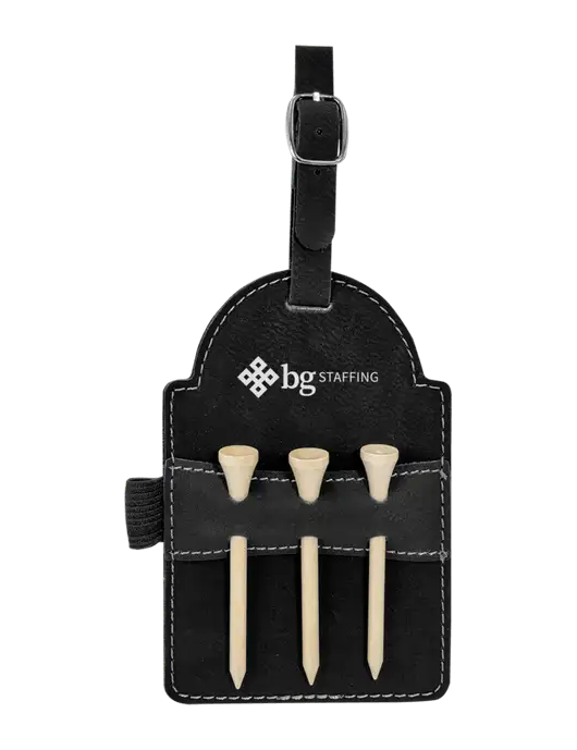 Black Leatherette Golf Bag Tag with 3 Wooden Tees w/BG Staffing Logo
