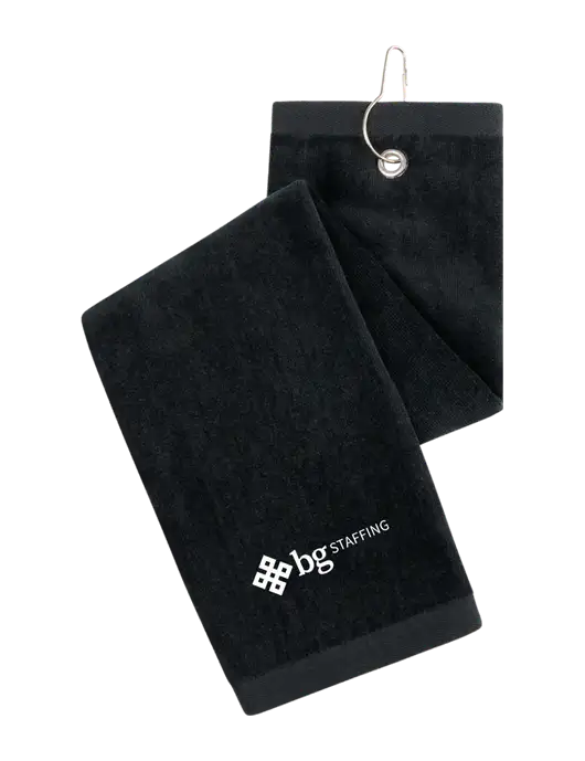Black Tri-Fold Golf Towel with Grommet w/BG Staffing Logo