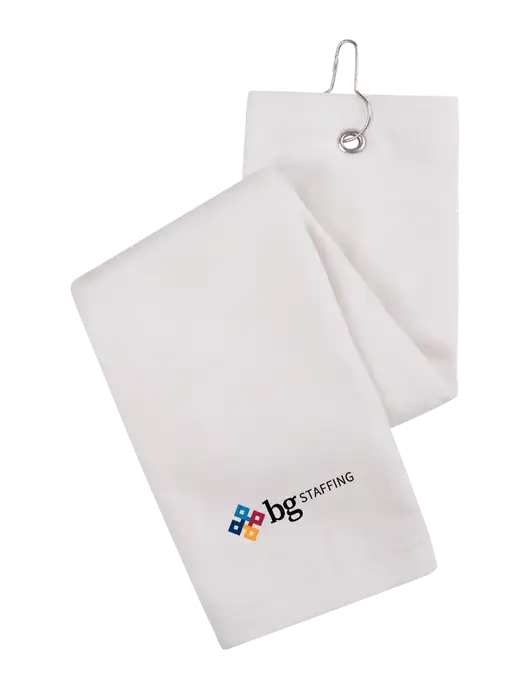 White Tri-Fold Golf Towel with Grommet w/BG Staffing Logo